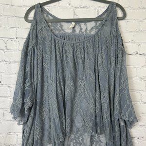Free People Flowy Lace Cold Shoulder Top, See Through, Color: Blue/Gray Size: XS